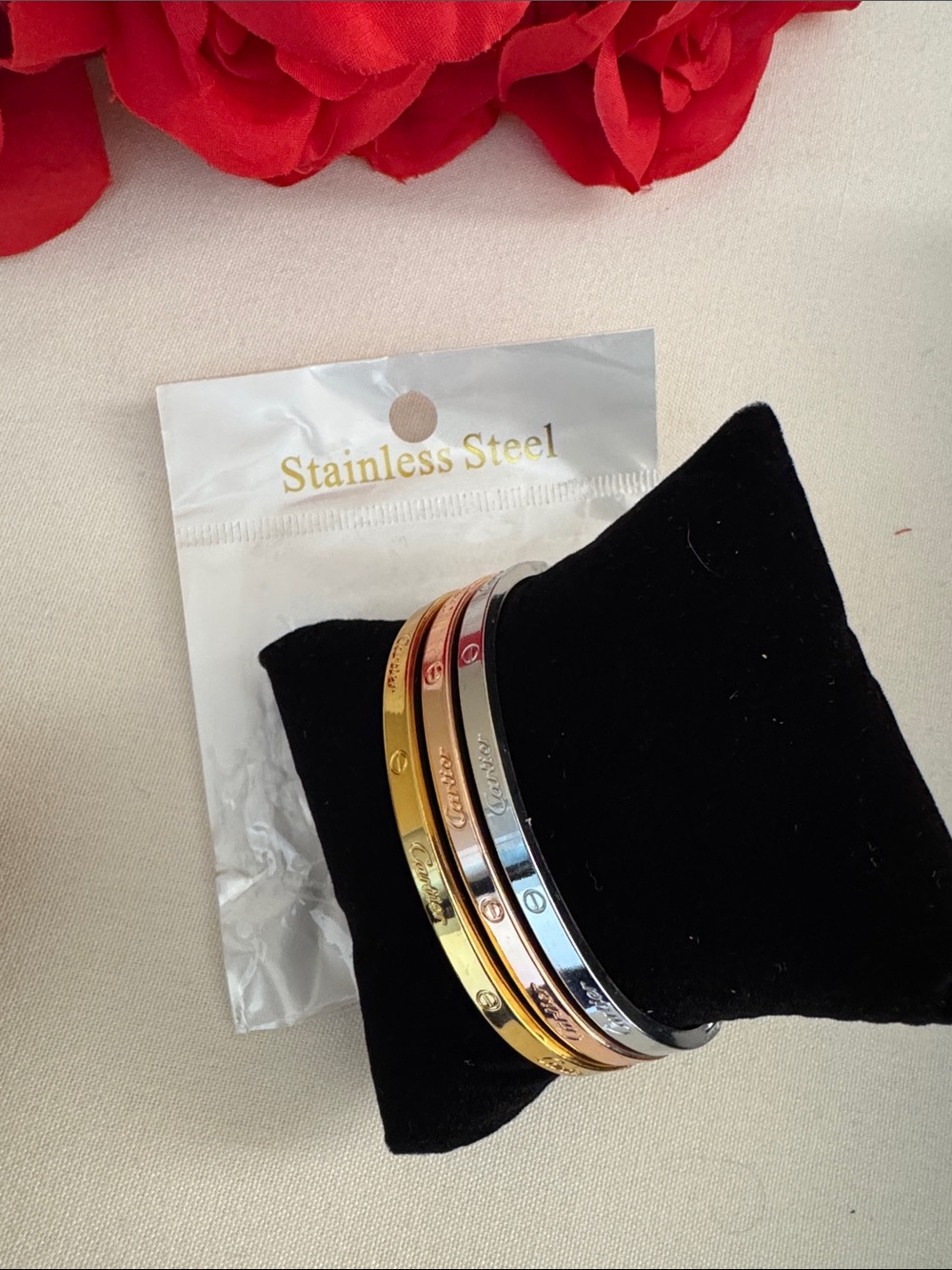 Stainless Steel Trio Bangle Set - Gold, Rose Gold & Silver